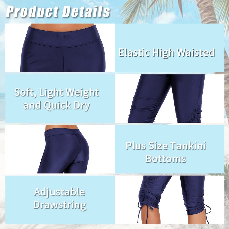 Urchics Womens Plus Size Rash Guard Capris Long Swim Shorts Tankini Bottom Sporty Blue XXL - Image 3